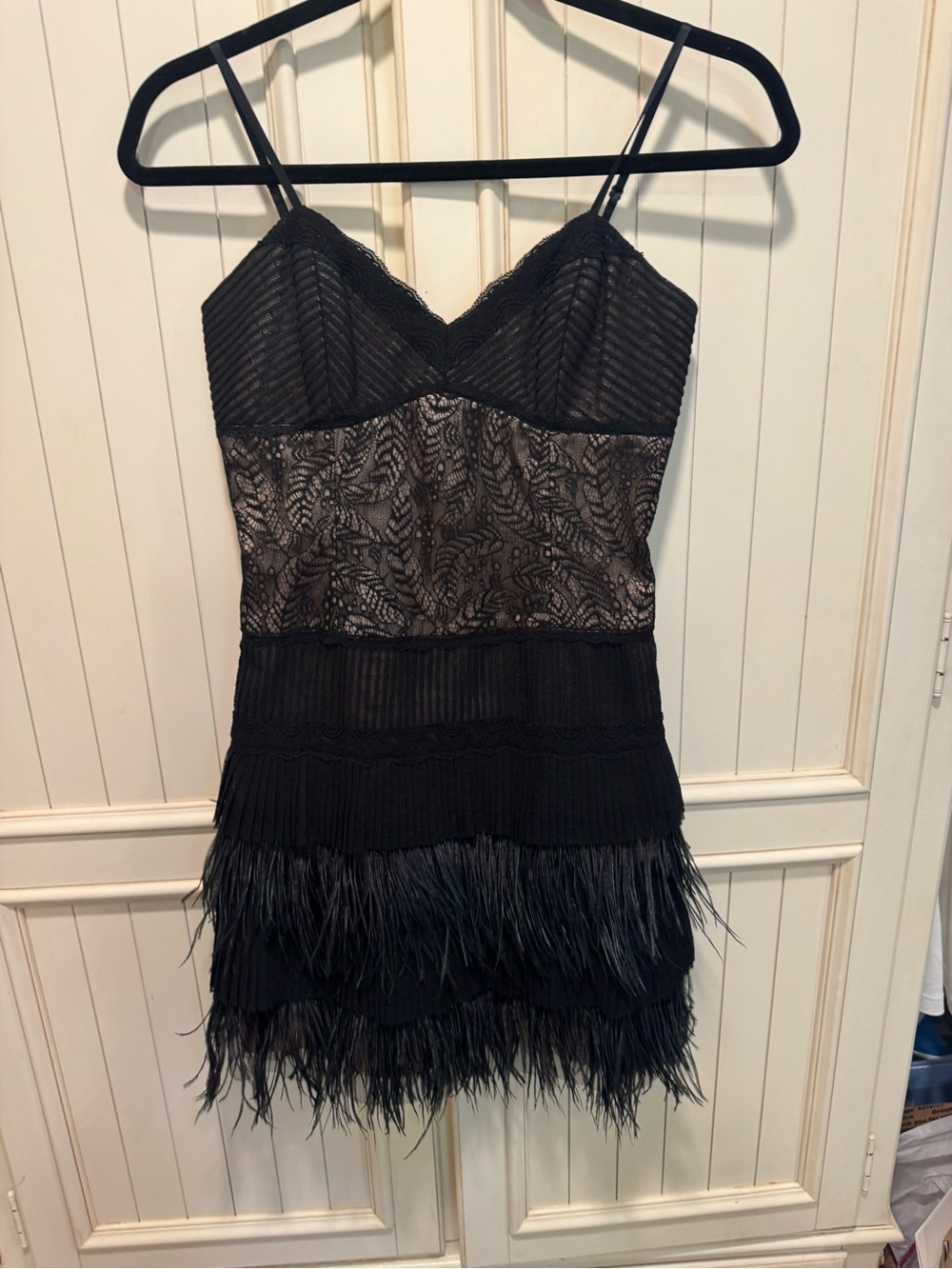 Black Silk, Lace & Feather Tiered Slip Dress, Size 0, BCBGMaxAzria